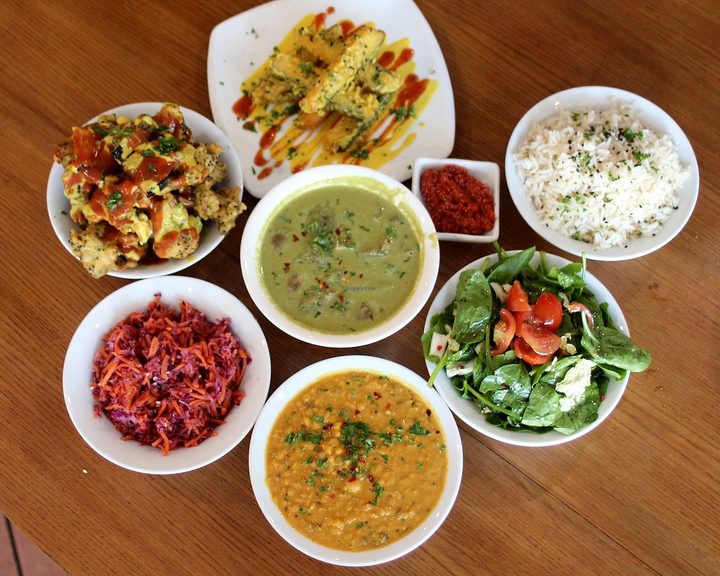 Colourful plant-based sharing dishes at Amrutha Earlsfield