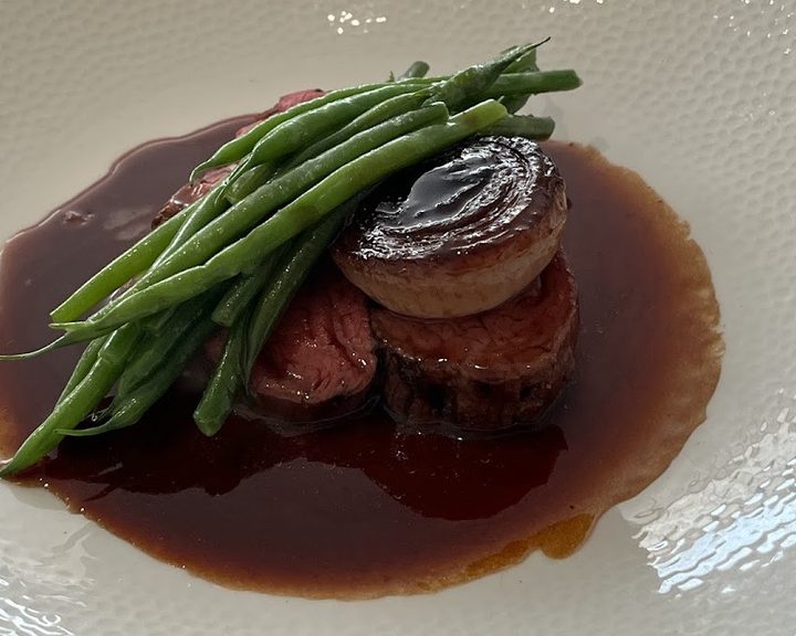 Roasted meat, onion and green beans at Chez Bruce