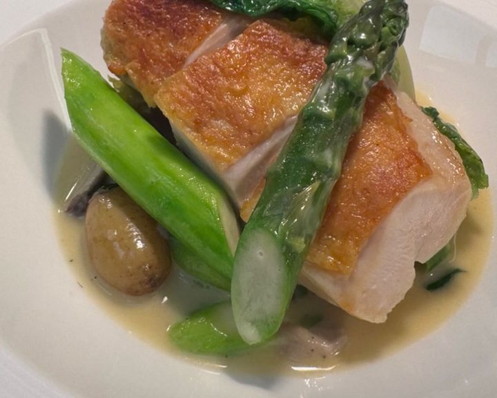 Roast chicken with asparagus at La Trompette in Chiswick