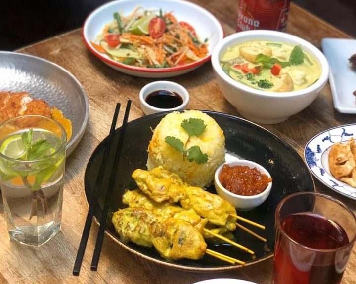 Chicken satay, fried rice, curry and salad at Took Took West Hampstead