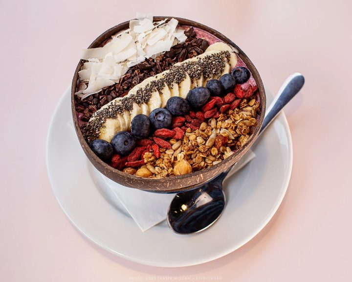 A colourful acai bowl with fruit, granola and coconut at Hula in Edinburgh