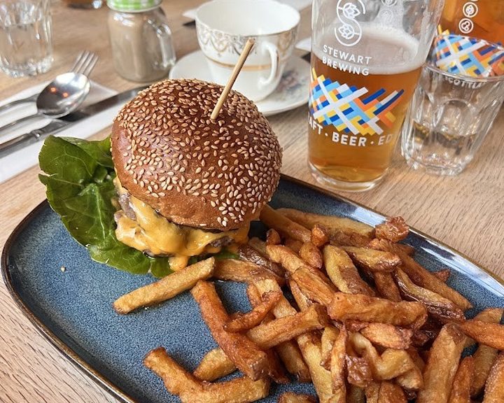 Burger and hand-cut chips at Roseleaf Bar Cafe in Leith