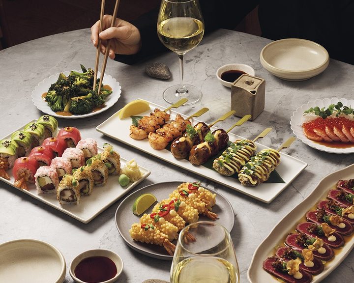 Sushi rolls and grilled sticks from Sticks'n'Sushi Wimbledon