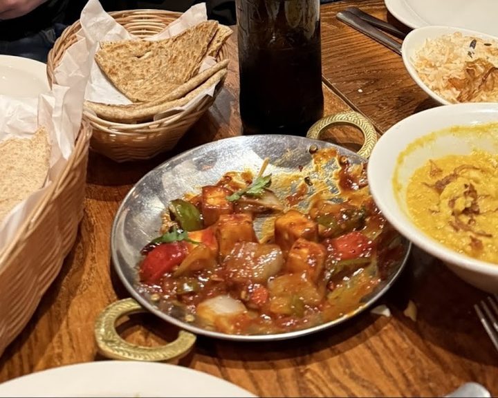 South Indian curries served with breads at Vijaya Krishna