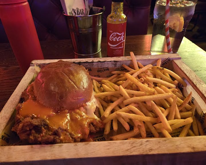 Fried chicken burger and fries at Buck's Bar Grindlay Street Edinburgh