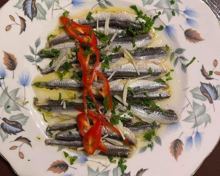 Marinated anchovies with peppers at Kafeneion To Steki in Edinburgh