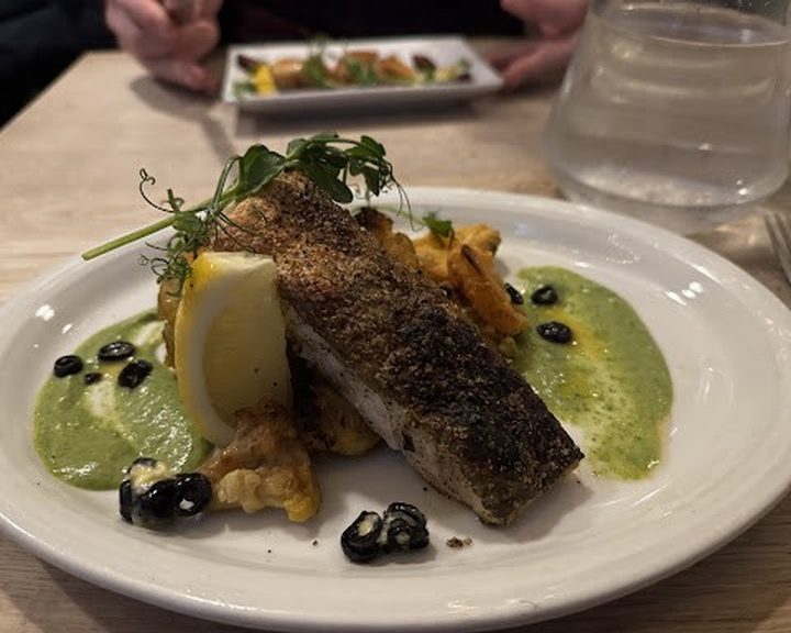 Seared fish with potatoes and green sauce at Three Birds in Bruntsfield
