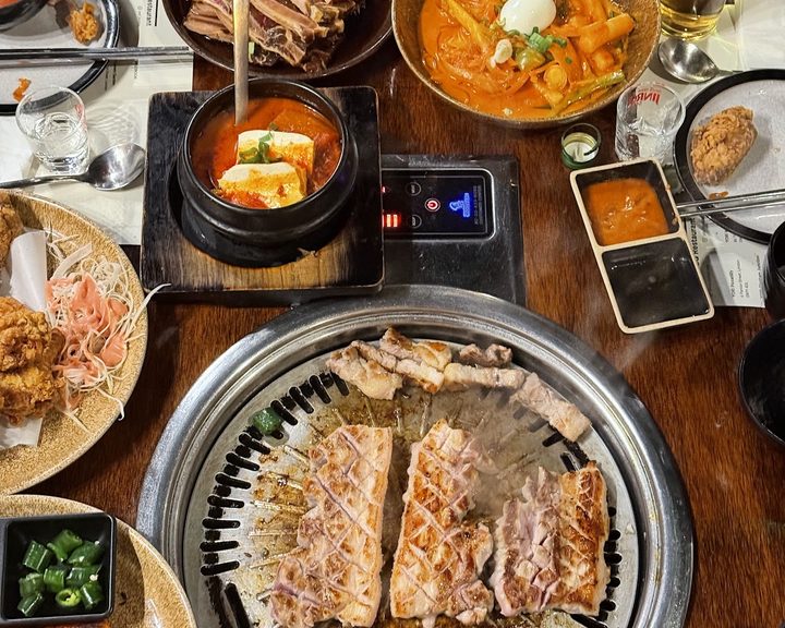Korean barbecue, rice and side dishes at YORI Wimbledon