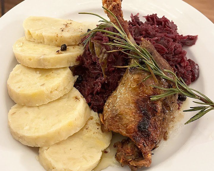 Roast pork, bread dumplings and red cabbage at Bohemia House