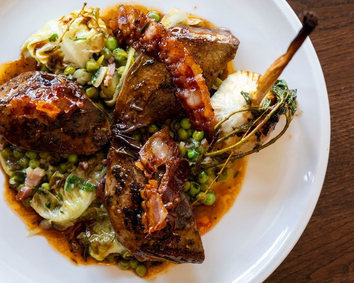 Pigeon with peas and seasonal vegetables at Les 2 Garçons in Crouch End