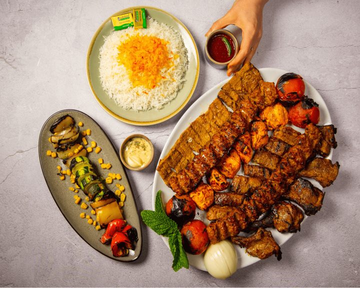 Persian mixed grill with saffron rice at Mohsen Restaurant