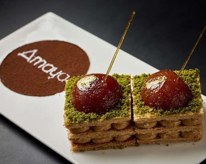 Pistachio pastry dessert at Amaya Restaurant Knightsbridge