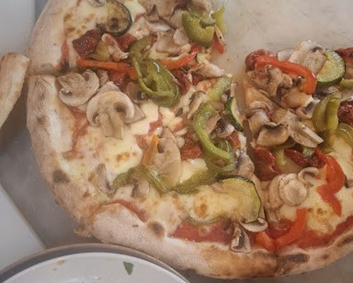 Vegetable pizza with mushrooms and peppers at Kitchen Pizzeria at The O2