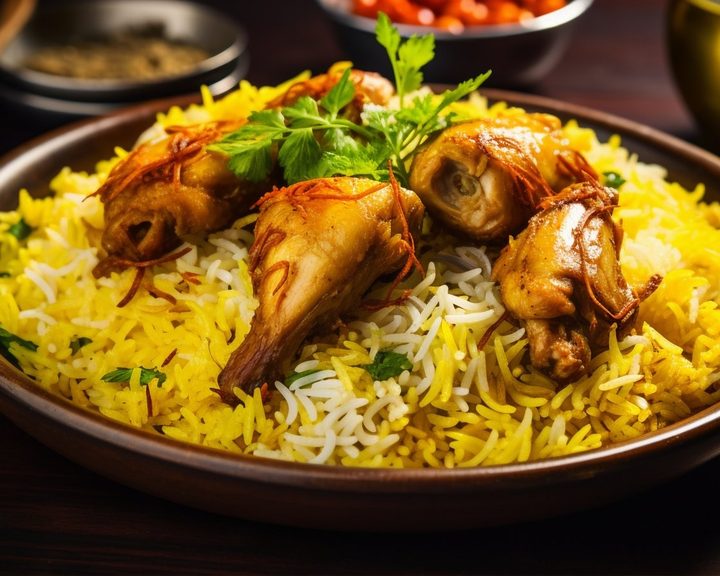 Aromatic rice and grilled chicken at Makani Indian Arab Kitchen in Haymarket