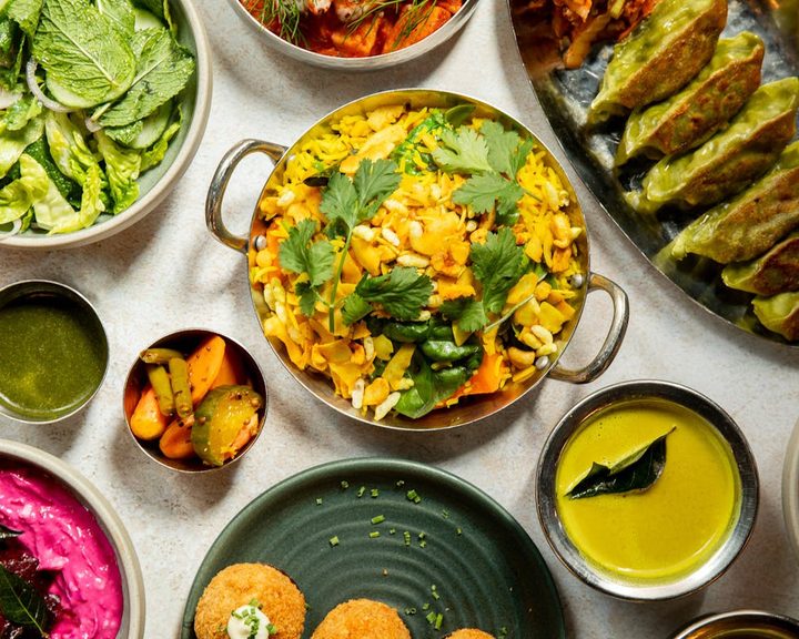 Colourful plant-based sharing dishes at Mildreds Soho