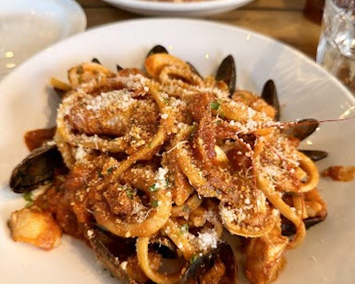 Seafood pasta finished with cheese at Tempo Perso in Bruntsfield