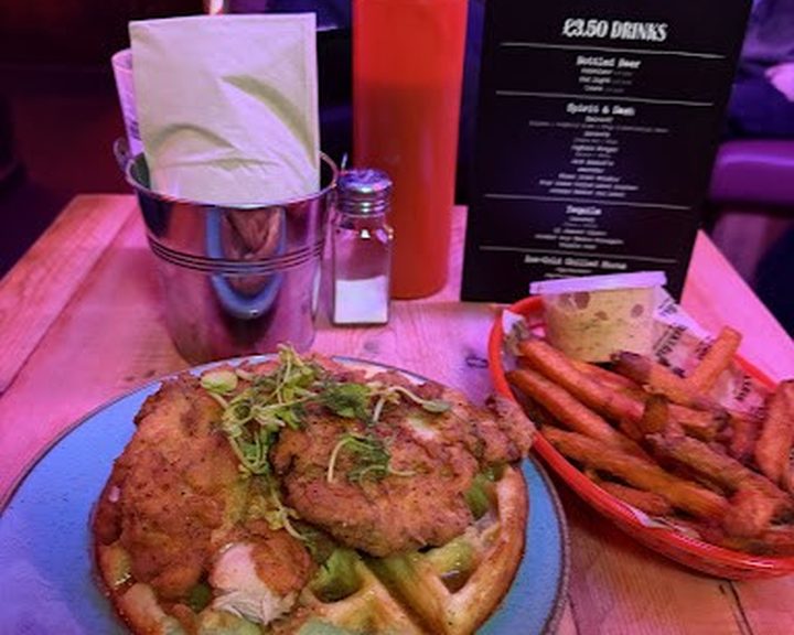 Chicken burger and fries at Buck's Bar Hanover Street Edinburgh