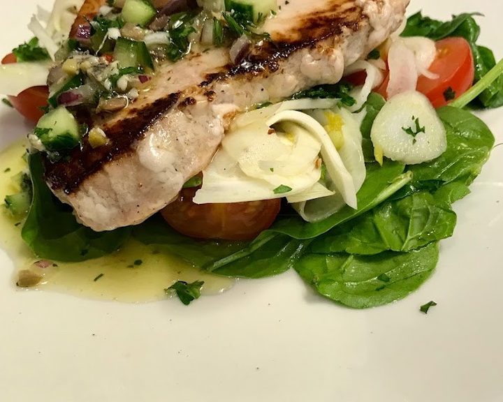 Fresh fish and salad dish at Cafe Domenico in Leith