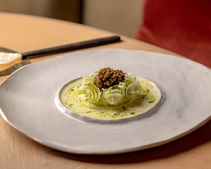 Seasonal vegetable ribbons with caviar at Hélène Darroze at The Connaught