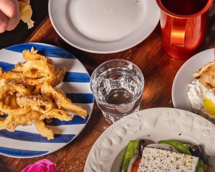 Greek calamari, dips and salad at Spitaki in Edinburgh