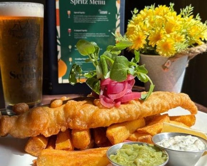 Fish and chips with peas and tartare sauce at The Cleveland Arms