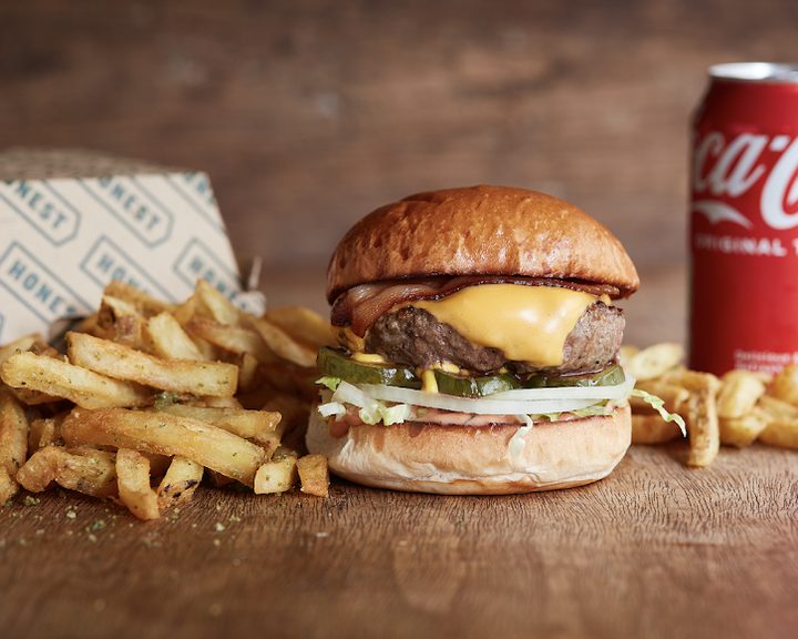 Burger and rosemary chips at Honest Burgers Hammersmith