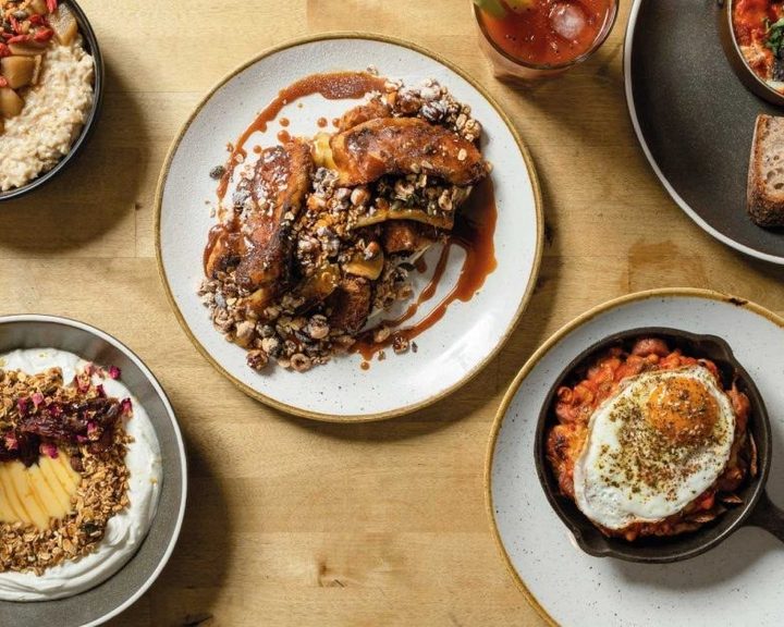 An overhead spread of brunch dishes at Urban Angel in Edinburgh