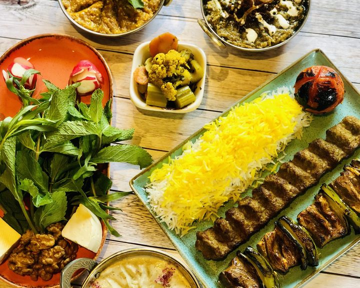 Persian grilled meats, saffron rice and salad at Hana in West Hampstead