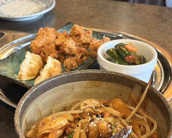 Korean noodles, fried chicken and dumplings at KKINI
