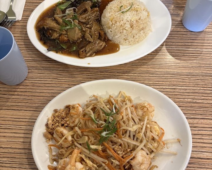 Pad thai and stir-fried meat with rice at Marie's Thai Cafe