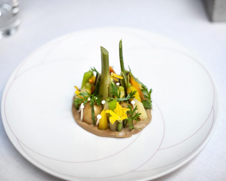 Precisely plated seasonal dish at Pied à Terre in Fitzrovia