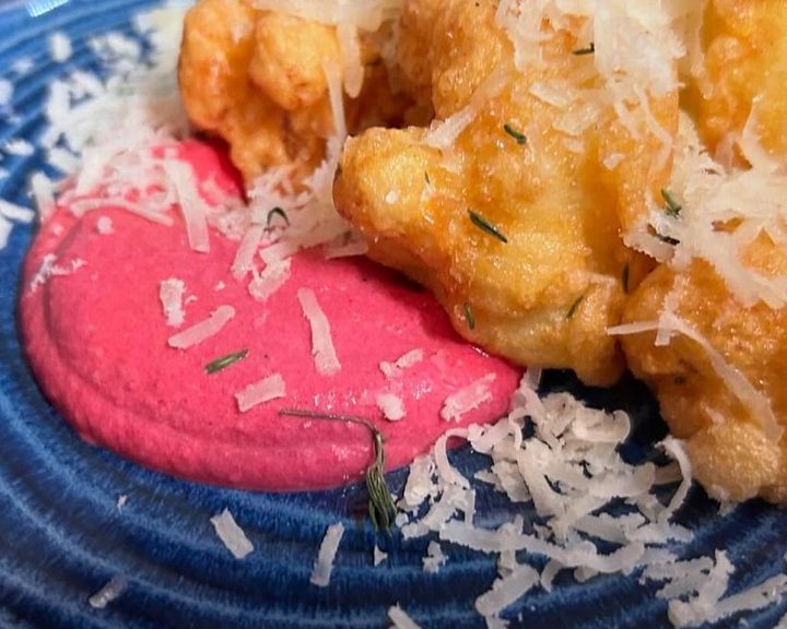 Crisp tapas fritters with beetroot sauce at Indaba in Tollcross