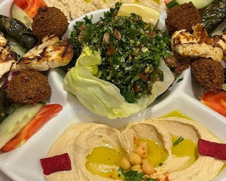 Lebanese hummus, tabbouleh, falafel and grilled halloumi at Mina in Cathays