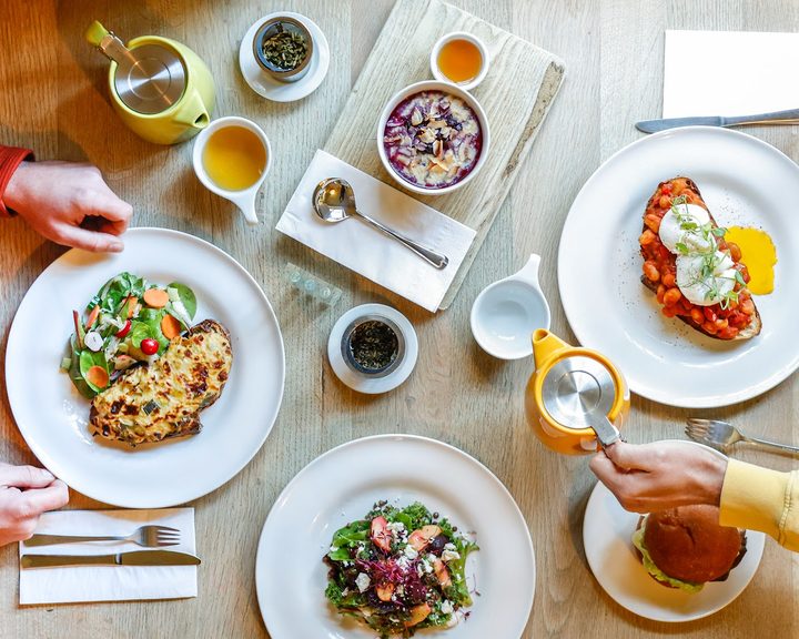 A spread of brunch dishes and tea at Waterloo Tea on Whitchurch Road in Cardiff