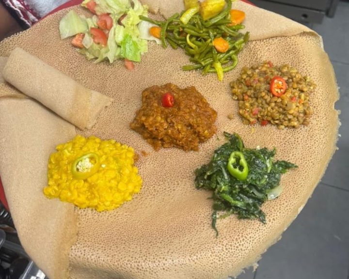 Ethiopian stews served on injera at Lalibela in Kentish Town