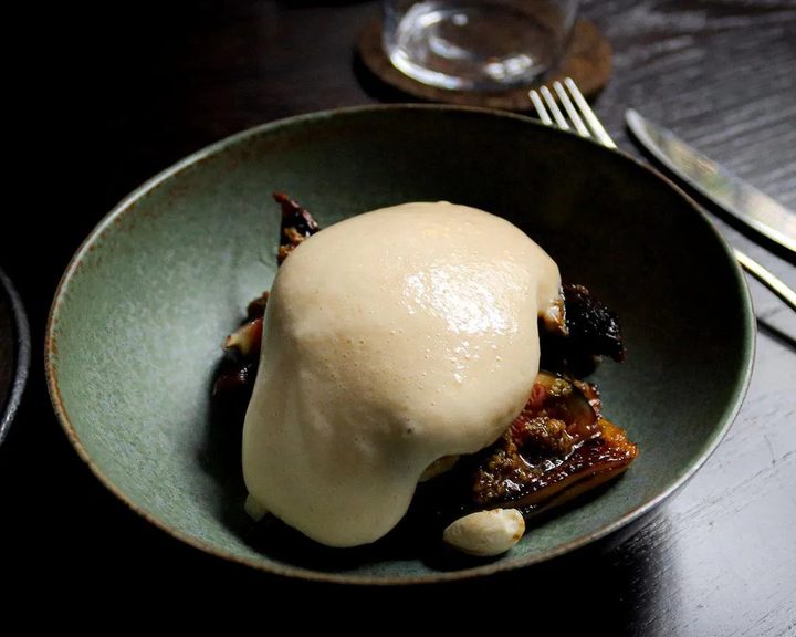 Seasonal small plate with a smooth savoury foam at Skua in Edinburgh