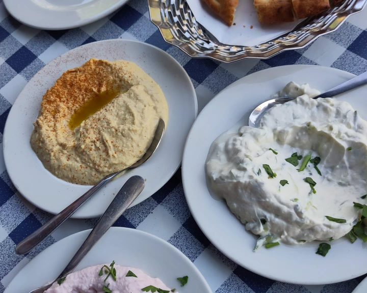Hummus, tzatziki and bread at Andy's Greek Taverna in Camden
