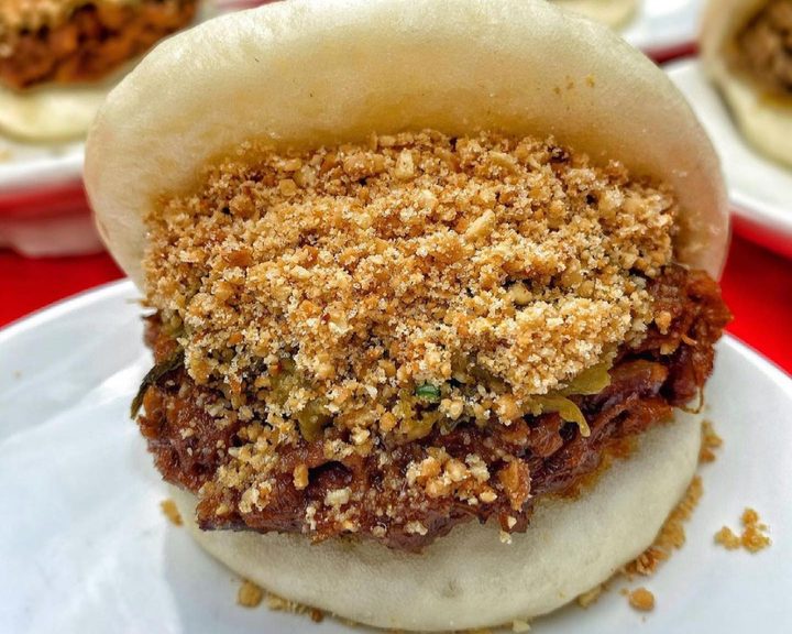 Classic pork bao topped with peanut powder at BAO Soho