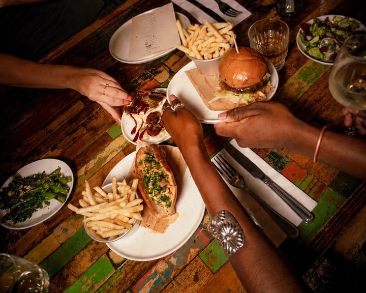 Shrimp roll, burger and fries from The Blues Kitchen