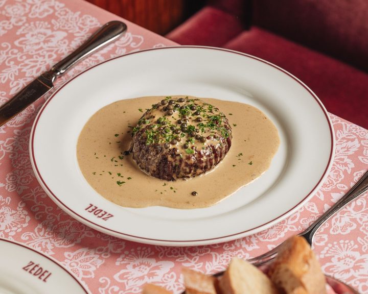 Steak haché with peppercorn sauce at Brasserie Zédel