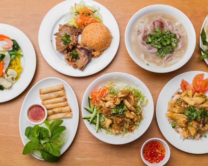 A spread of Vietnamese soups, spring rolls and rice dishes from Com Pho