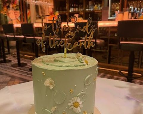 An elegant celebration cake at a Cardiff cafe and bakery