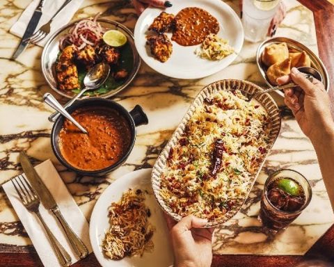 Indian curries, biryani and grilled dishes arranged for sharing in Edinburgh