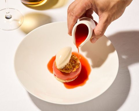 Strawberry crémeux with almond and fermented elderflower at Galvin La Chapelle