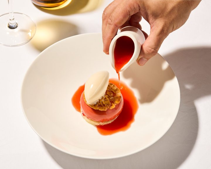 Strawberry crémeux with almond and elderflower at Galvin La Chapelle