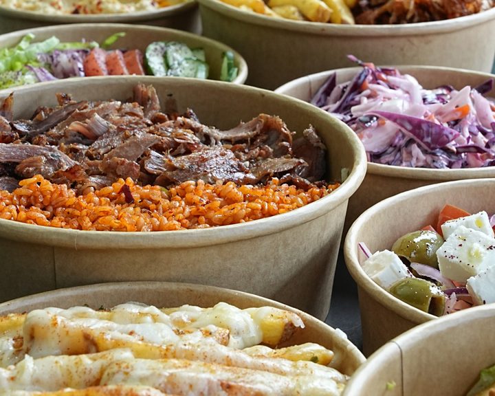 Gyros meat with bulgur, Greek salads and cheesy chips at Gyros Lab in Shoreditch