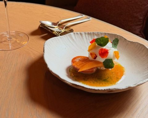 Apricot with summer flowers and buttermilk cream