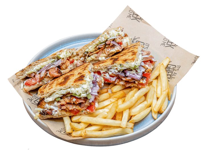 Chicken gyros skepasti sandwich and chips at It's All Greek to Me