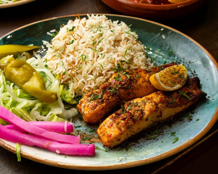 Chicken shish with rice, salad and pickles at Leila in Ealing