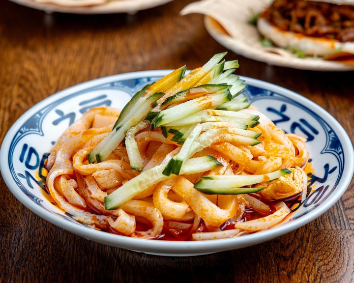 Liangpi noodles with cucumber and roujiamo at Master Wei